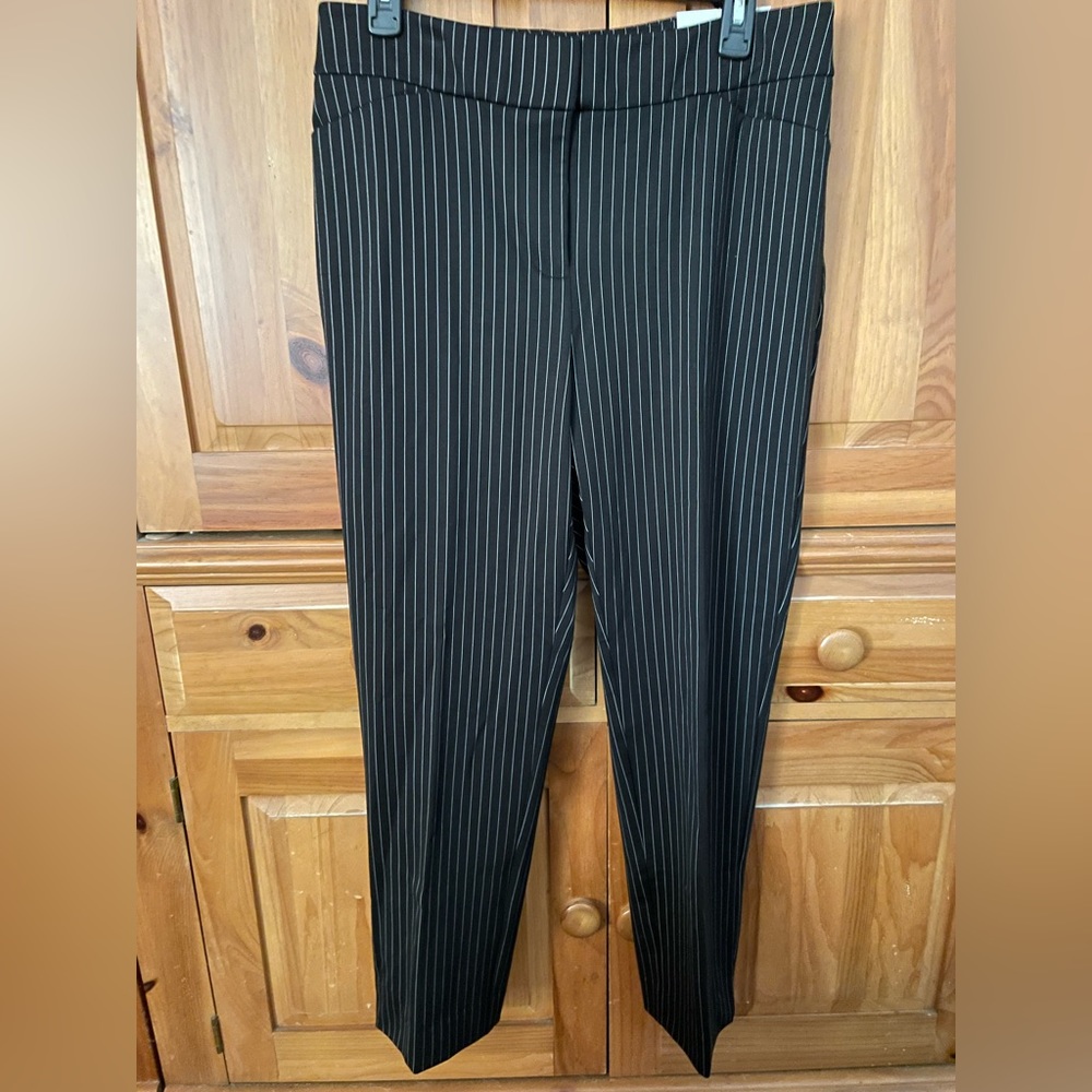 Chico’s slim leg, black with white pinstripe slacks